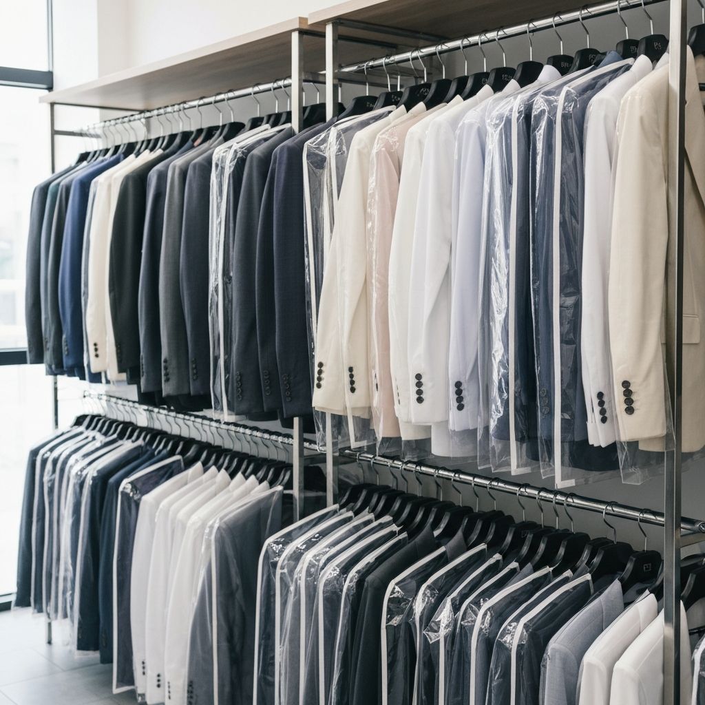 Dry Cleaning – garments in protective bags hanging on a rack